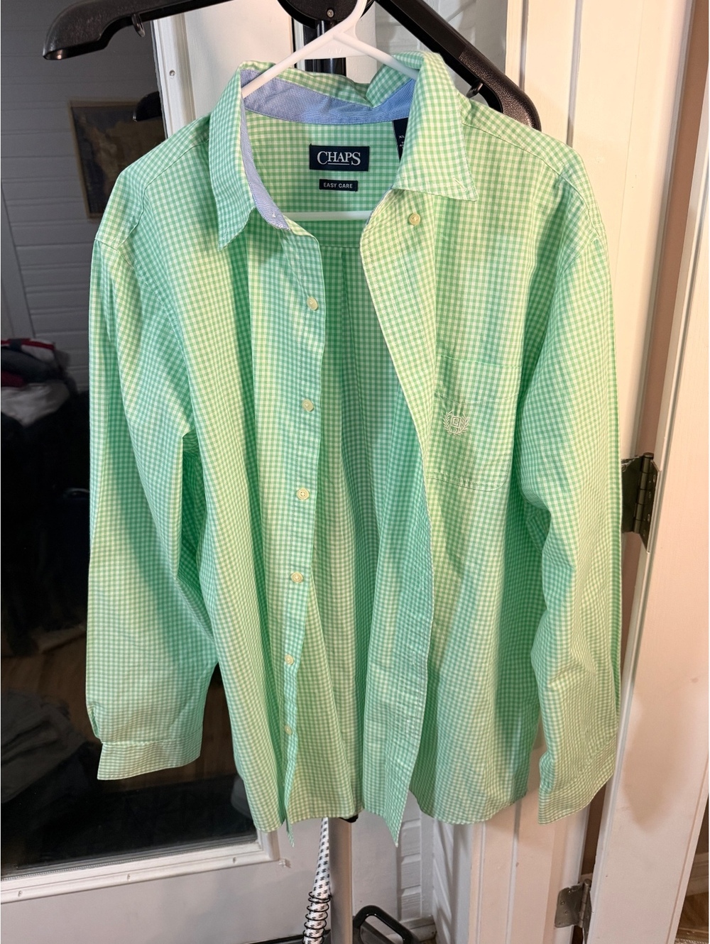 Chaps Easy Care Gingham Button Front Shirt Green White
